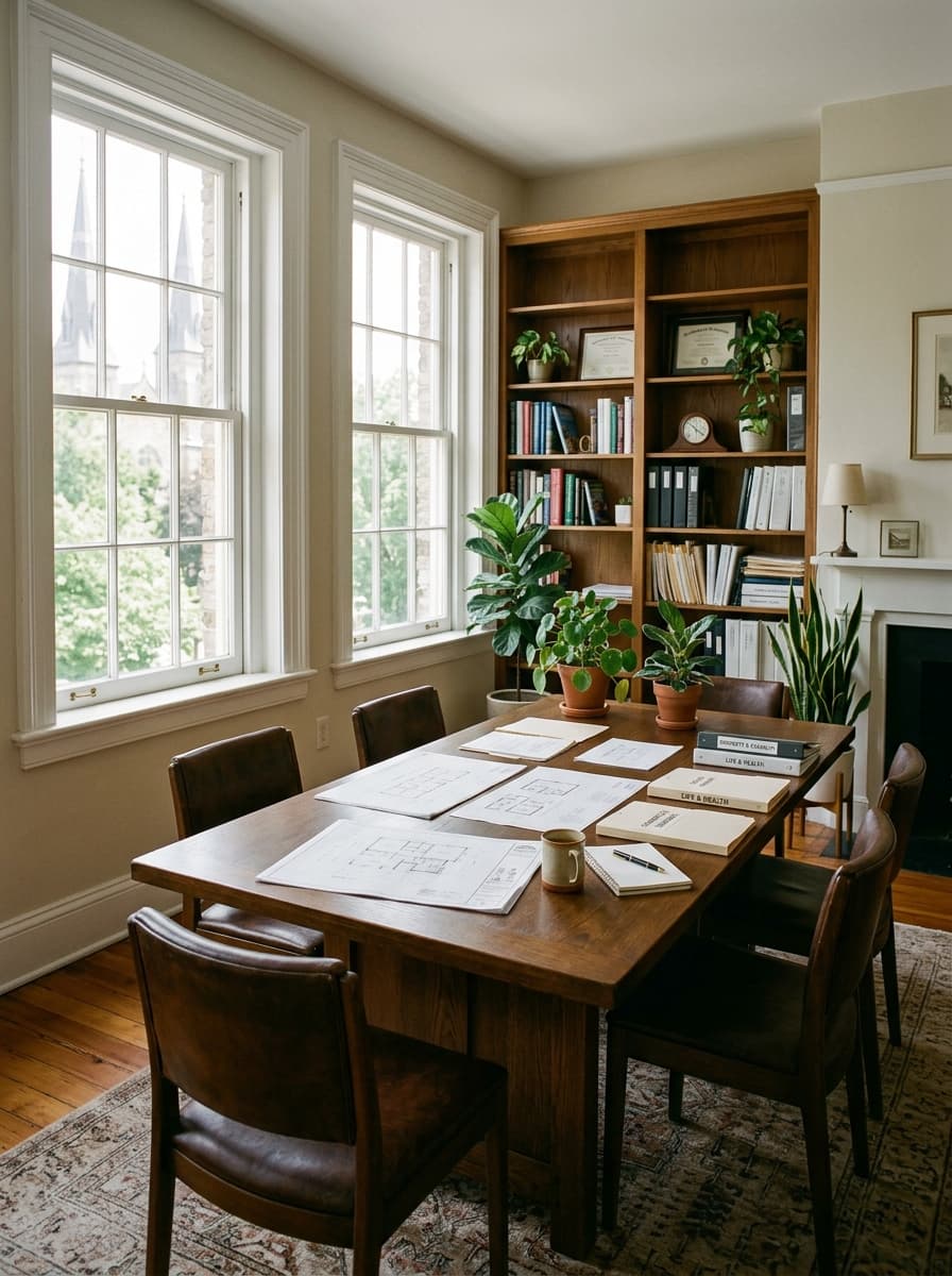Light-filled Maryland independent insurance agency advisory office with consultation table and policy documents