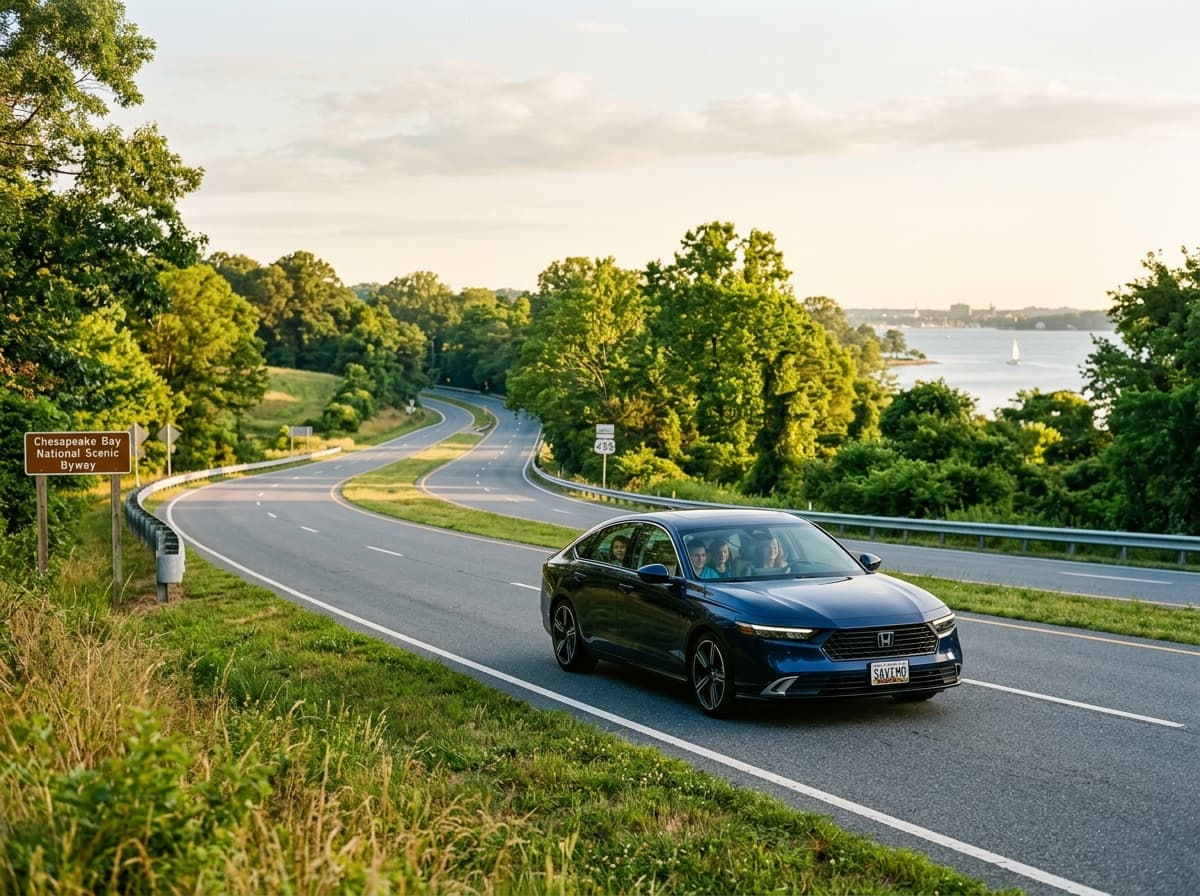 Modern sedan driving on Chesapeake Bay scenic byway representing Maryland personal automobile coverage